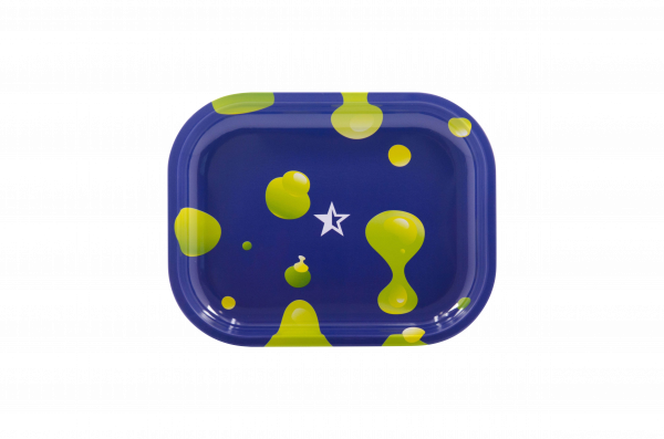 Overhead view of the Famous Brandz "Privilege" Rolling Tray, displaying a vibrant design of scattered, colorful dots against a deep blue background.