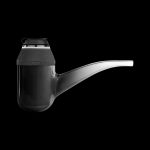 Sleek, black electronic dab rig with a glass mouthpiece, isolated on a black background.