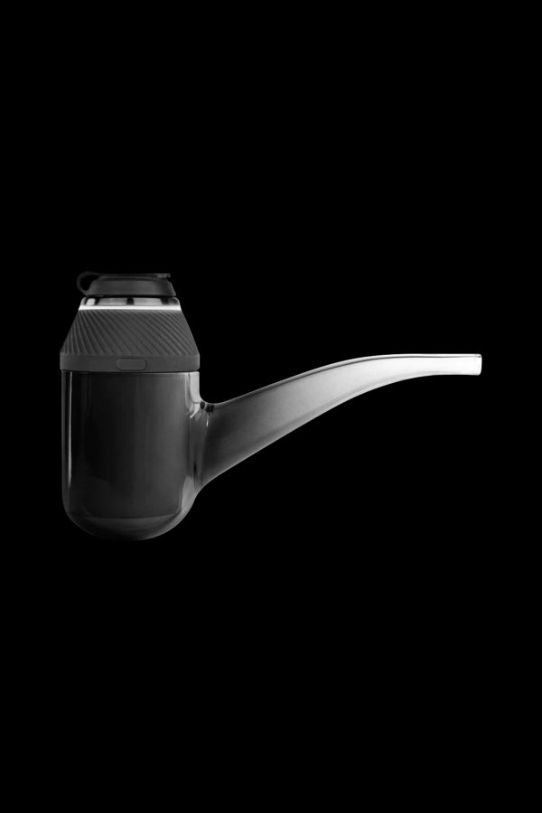 Sleek, black electronic dab rig with a glass mouthpiece, isolated on a black background.