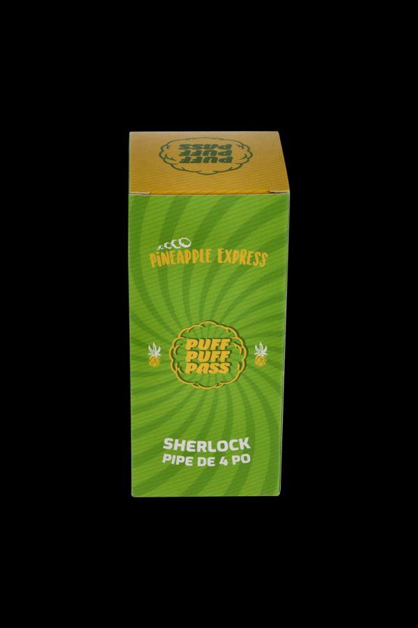 Front view of the Sherlock Hand Pipe, a small, dark-colored pipe with a patterned background, angled slightly to the left.