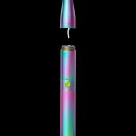 Iridescent cannabis vape pen disassembled, showing mouthpiece and battery.