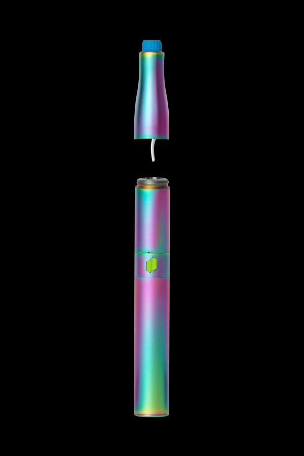 Iridescent cannabis vape pen disassembled, showing mouthpiece and battery.