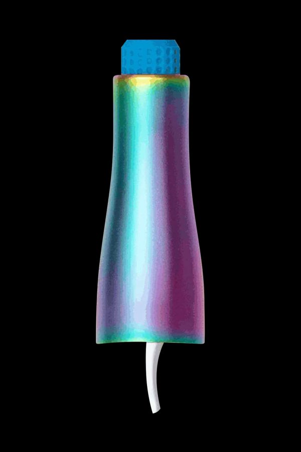 Iridescent cannabis vape pen against a black background.