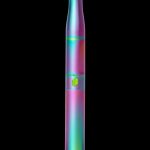 Iridescent cannabis vape pen against a black background.
