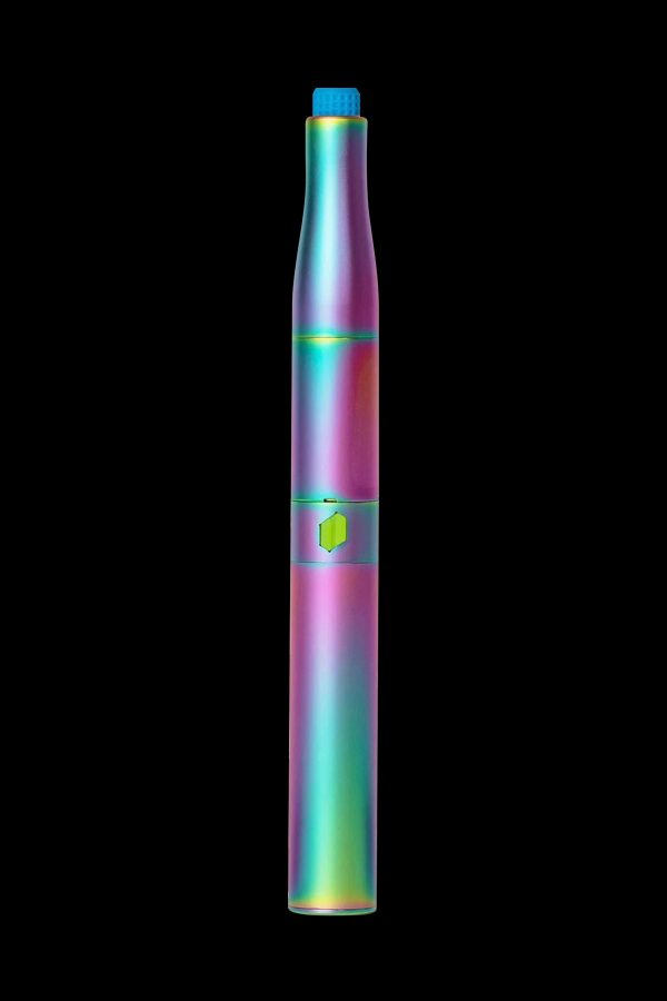 Iridescent cannabis vape pen against a black background.
