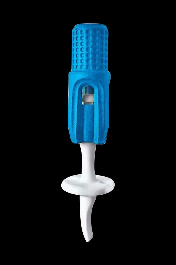 Blue and white cannabis dab tool isolated on a black background.