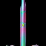 Iridescent cannabis vaporizer pen with disassembled components on a black background.