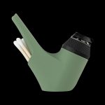 Green silicone oil rig with ceramic bowl and dab tool.