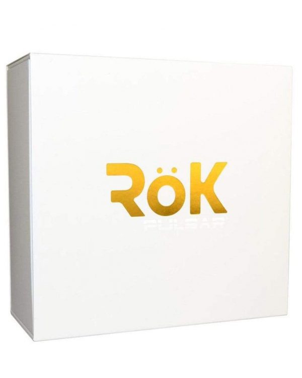 White box with gold foil "RÖK" logo, likely packaging for cannabis accessories.