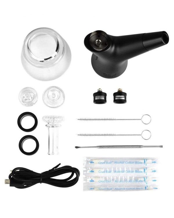 Cannabis dab rig kit including a water pipe, carb cap, quartz banger, dab tool, silicone rings, alcohol swabs, and USB charging cable.