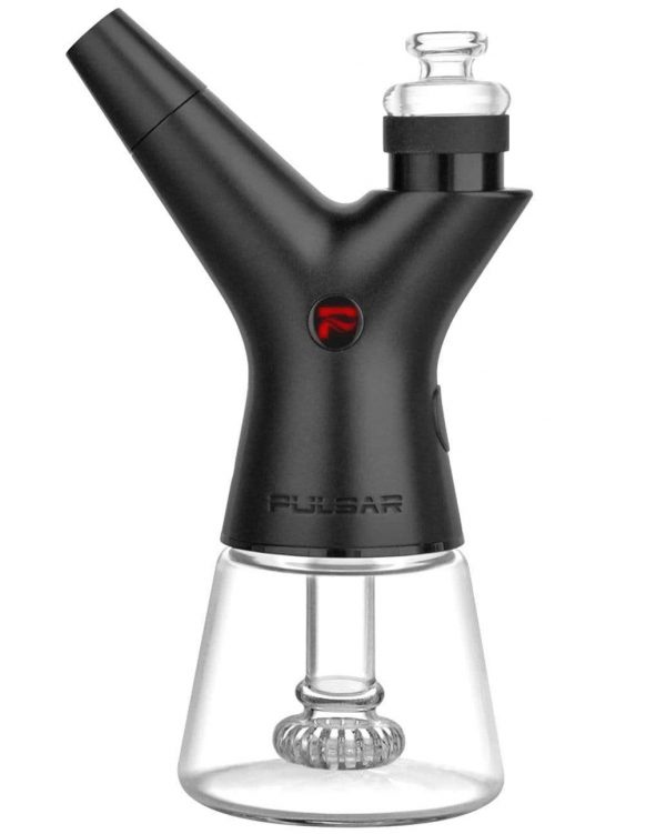 Black electric dab rig with a glass water chamber and coil.