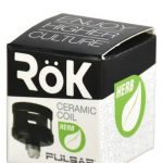 Pulsar RöK ceramic coil for vaporizing herbs, packaged in a white box with green leaf graphics.