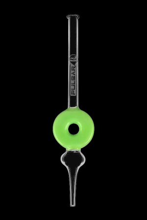 Green and clear glass dab tool with a rounded, circular mouthpiece.