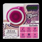 Close-up of a pink and purple “Ooze Movez” portable speaker with feature icons detailing Bluetooth connectivity, auto shut-off, and fast charging.