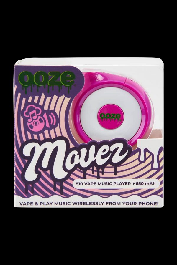 A product shot of the "Ooze Moverz" – a pink and purple 510 vape pen with a built-in wireless speaker, marketed with the tagline "Vape & Play Music Wirelessly From Your Phone!" 650 mAh.