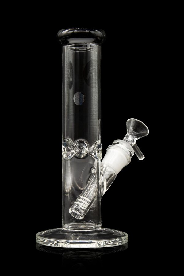 Clear glass water pipe (bong) with ice catcher and removable downstem, isolated on a black background.