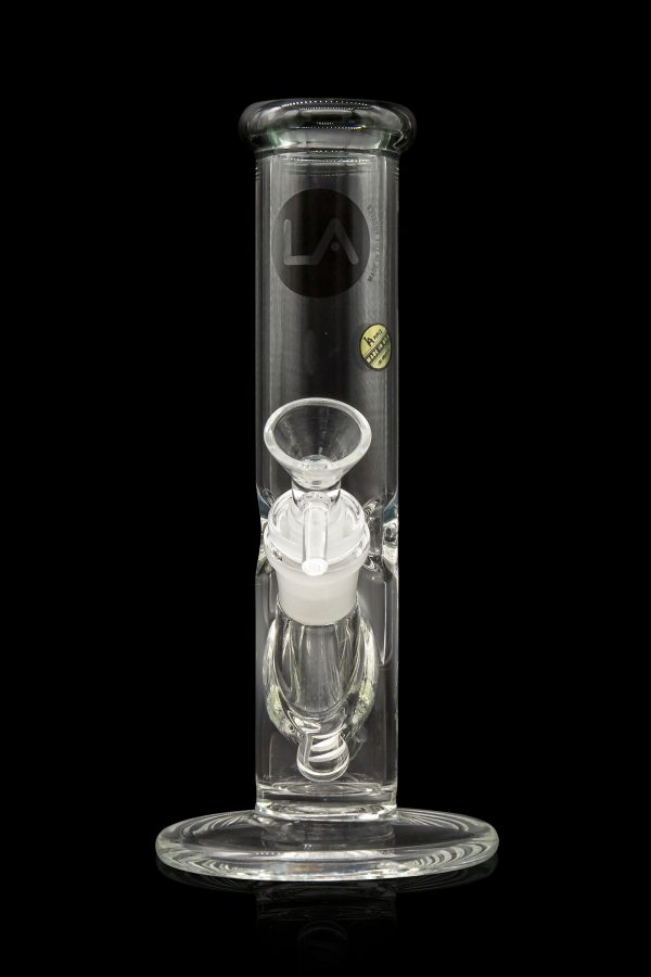 Clear glass water pipe (bong) with ice catcher and branded logo.