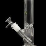 Clear glass bong with a removable bowl, isolated on a black background.