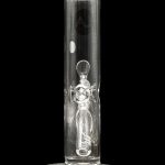 Clear glass bong with intricate sculpted design, isolated on black.