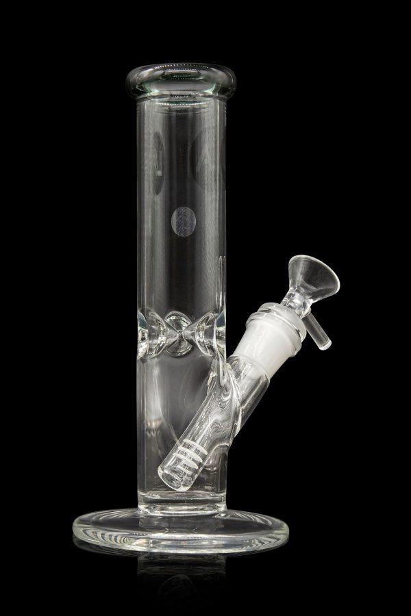 Clear glass water pipe (bong) with ice catcher, isolated on black.