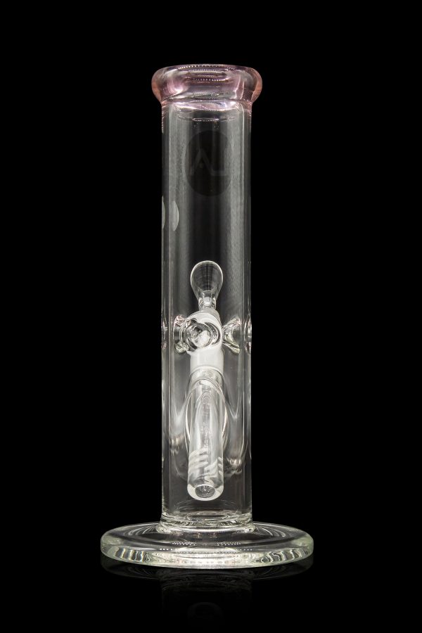 Clear glass water pipe (bong) with a removable downstem, isolated on a black background.