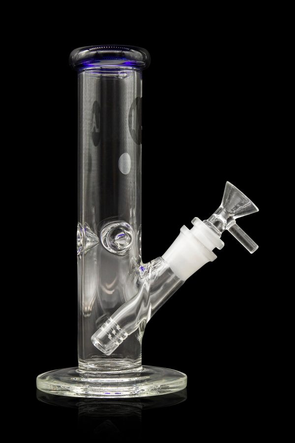 Clear glass water pipe (bong) with blue accents and a glass bowl.