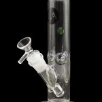 Clear glass bong with blue accents and a separate glass bowl, displayed on a reflective surface.