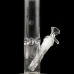 Clear glass water pipe (bong) with blue accents and a detachable downstem, isolated on a black background.