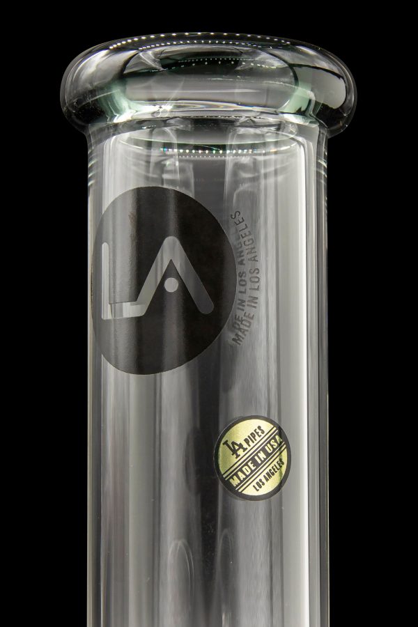 Clear glass water pipe with "LA Pipes - Made in USA" branding.