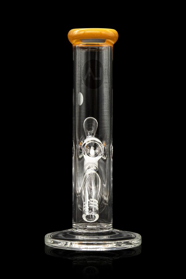 Clear glass bong with intricate bubbler and wooden mouthpiece, isolated on black.