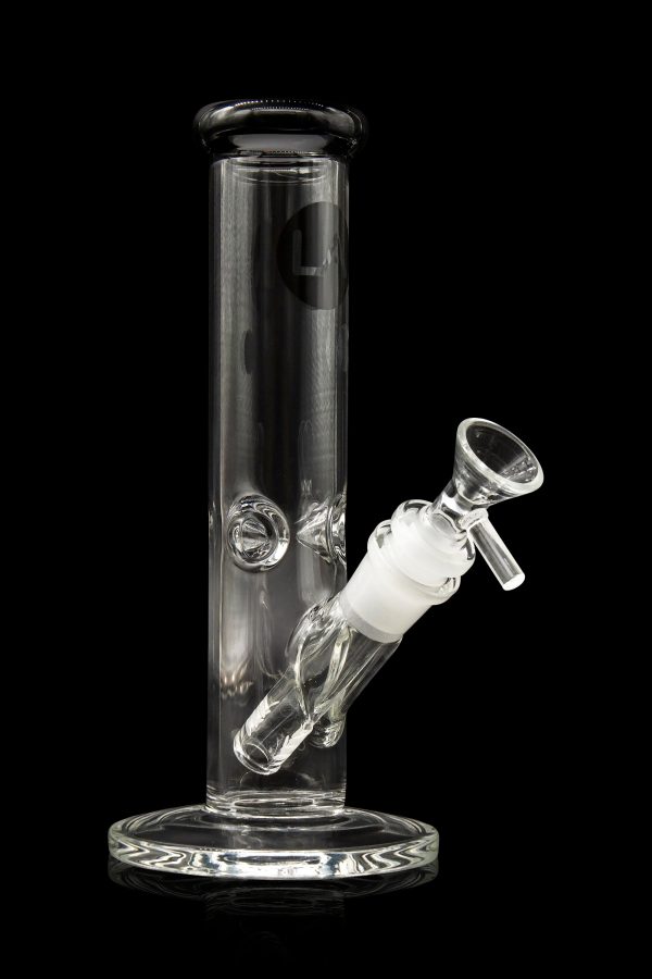 Clear glass water pipe (bong) with a glass bowl and downstem, isolated on a black background.
