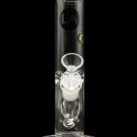 Clear glass bong with a percolator, isolated on a black background.