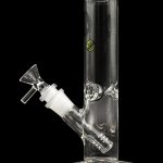Clear glass water pipe (bong) with a glass bowl and diffused downstem, isolated on a black background.
