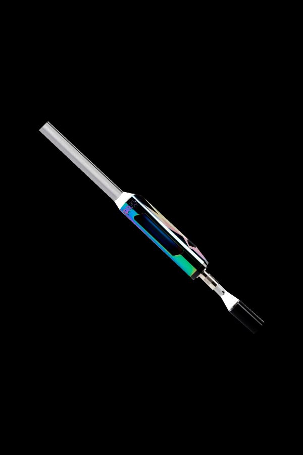 Iridescent cannabis vape pen on a black background.