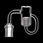 Clear glass oil rig banger with a looped design and filtration chamber.