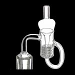 Clear glass dab rig with intricate percolator and angled mouthpiece.