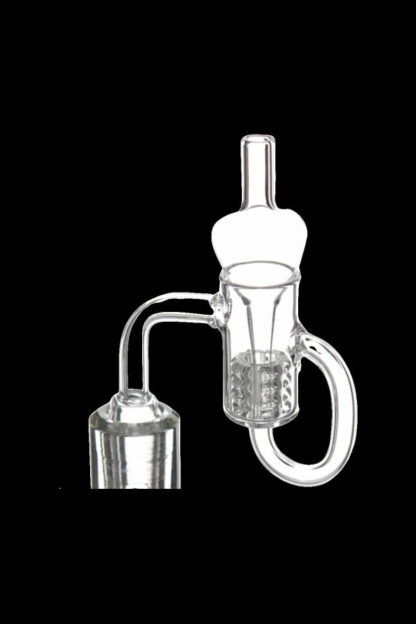 Clear glass dab rig with intricate percolator and angled mouthpiece.