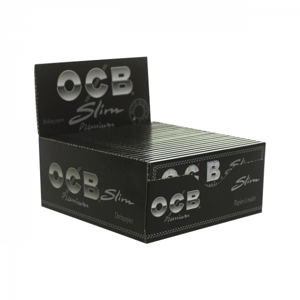 A slightly angled, close-up view of OCB Premium Single Wide Rolling Papers, showing the branded packet against a neutral background.