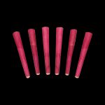 Seven pre-rolled, maroon-colored cannabis cones against a black background.