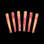 Seven pre-rolled cannabis cigarettes against a black background.