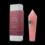 Rose quartz gemstone pipe and packaging from Astral Project.