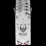 A white, geometric-patterned box for Rowll, a cannabis rolling accessory, featuring an owl illustration and the tagline "Rolling - but smarter."
