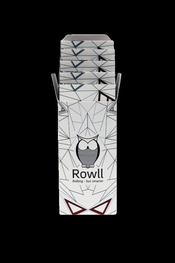 A white, geometric-patterned box for Rowll, a cannabis rolling accessory, featuring an owl illustration and the tagline "Rolling - but smarter."