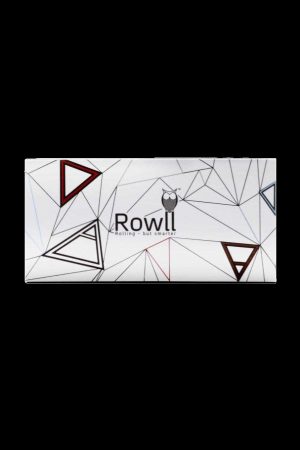 White packaging for Rowll cannabis rolling accessories with geometric triangle design and logo.