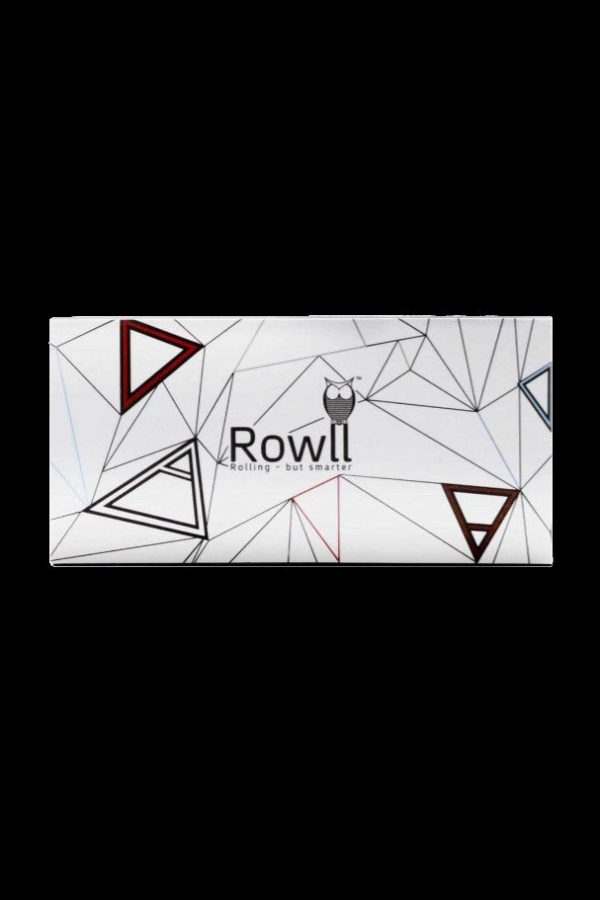 White packaging for Rowll cannabis rolling accessories with geometric triangle design and logo.