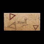 Cardboard packaging for Rowill unbleached rolling papers, featuring geometric triangle designs.