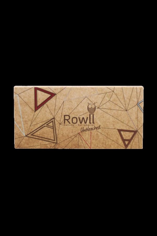 Cardboard packaging for Rowill unbleached rolling papers, featuring geometric triangle designs.