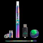 Iridescent cannabis oil vape pen kit with USB charger and applicator tips on a black background.