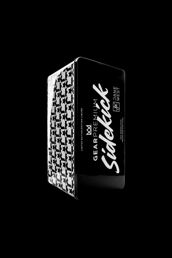 Limited edition “Sidekick” cannabis storage tin with patterned design and branding.