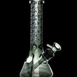 Green glass water pipe with geometric pattern.